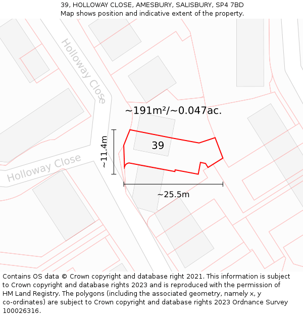 39, HOLLOWAY CLOSE, AMESBURY, SALISBURY, SP4 7BD: Plot and title map