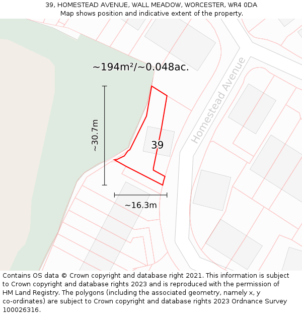 39, HOMESTEAD AVENUE, WALL MEADOW, WORCESTER, WR4 0DA: Plot and title map