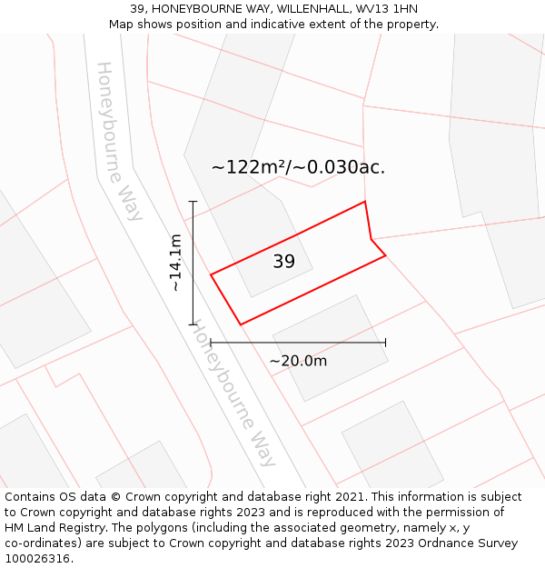 39, HONEYBOURNE WAY, WILLENHALL, WV13 1HN: Plot and title map
