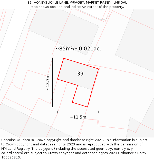 39, HONEYSUCKLE LANE, WRAGBY, MARKET RASEN, LN8 5AL: Plot and title map