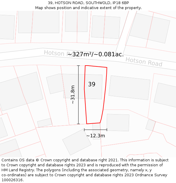 39, HOTSON ROAD, SOUTHWOLD, IP18 6BP: Plot and title map