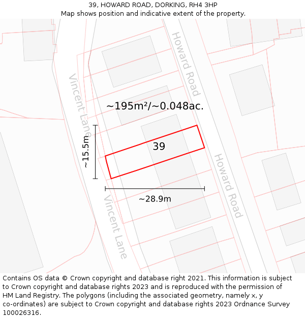 39, HOWARD ROAD, DORKING, RH4 3HP: Plot and title map