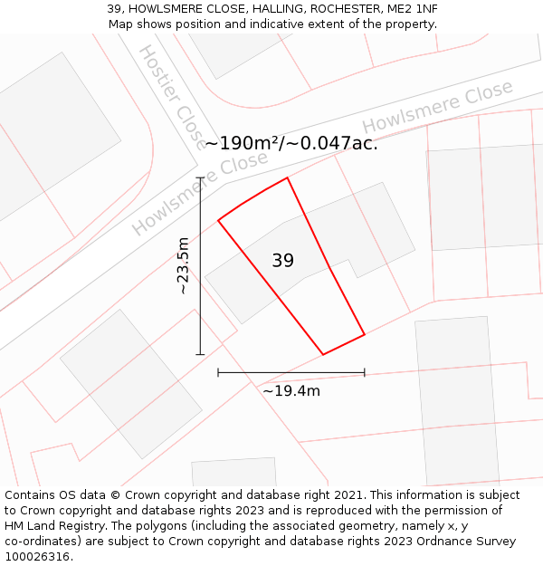 39, HOWLSMERE CLOSE, HALLING, ROCHESTER, ME2 1NF: Plot and title map