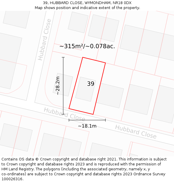 39, HUBBARD CLOSE, WYMONDHAM, NR18 0DX: Plot and title map