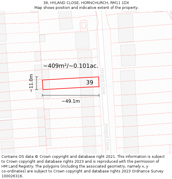 39, HYLAND CLOSE, HORNCHURCH, RM11 1DX: Plot and title map