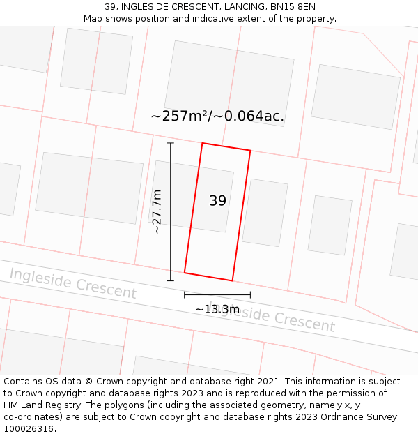 39, INGLESIDE CRESCENT, LANCING, BN15 8EN: Plot and title map
