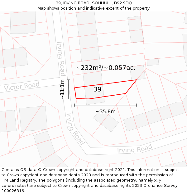 39, IRVING ROAD, SOLIHULL, B92 9DQ: Plot and title map
