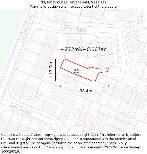 39, IVORY CLOSE, FAVERSHAM, ME13 7RS: Plot and title map