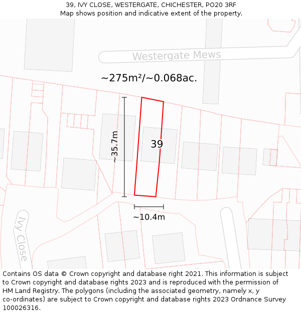 39, IVY CLOSE, WESTERGATE, CHICHESTER, PO20 3RF: Plot and title map