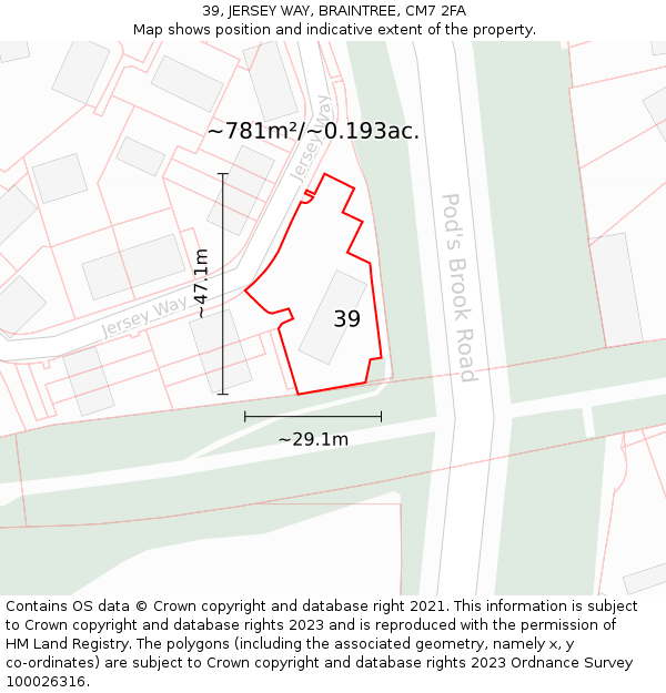 39, JERSEY WAY, BRAINTREE, CM7 2FA: Plot and title map