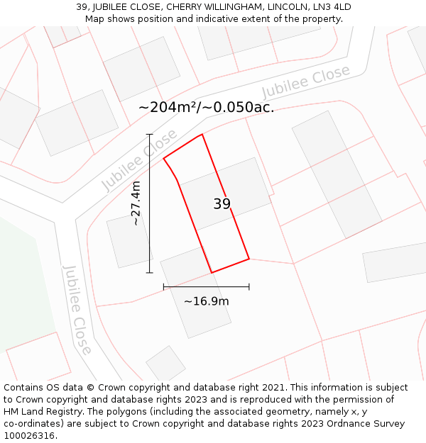 39, JUBILEE CLOSE, CHERRY WILLINGHAM, LINCOLN, LN3 4LD: Plot and title map