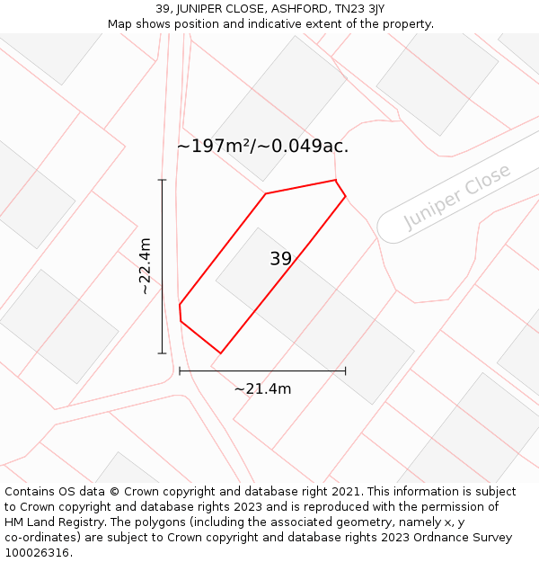 39, JUNIPER CLOSE, ASHFORD, TN23 3JY: Plot and title map