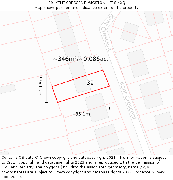 39, KENT CRESCENT, WIGSTON, LE18 4XQ: Plot and title map