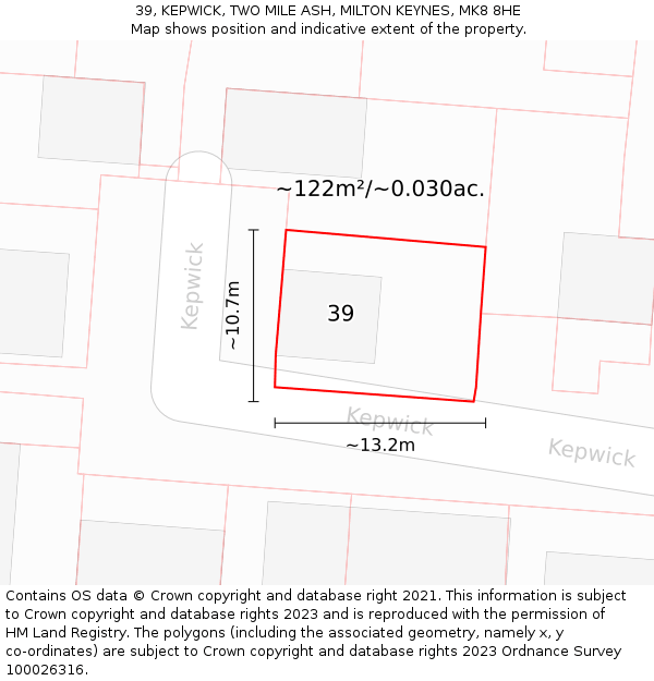 39, KEPWICK, TWO MILE ASH, MILTON KEYNES, MK8 8HE: Plot and title map