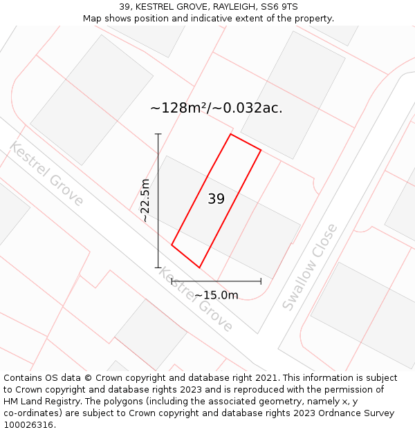 39, KESTREL GROVE, RAYLEIGH, SS6 9TS: Plot and title map