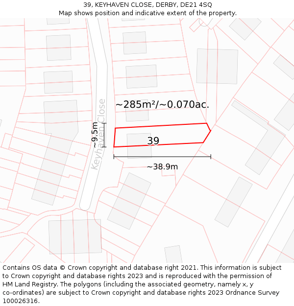 39, KEYHAVEN CLOSE, DERBY, DE21 4SQ: Plot and title map