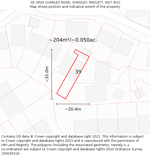 39, KING CHARLES ROAD, SHENLEY, RADLETT, WD7 9HZ: Plot and title map