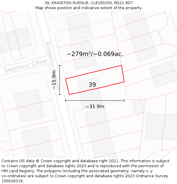 39, KINGSTON AVENUE, CLEVEDON, BS21 6DT: Plot and title map