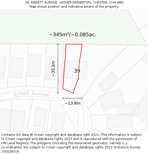 39, KIRKETT AVENUE, HIGHER KINNERTON, CHESTER, CH4 9BN: Plot and title map