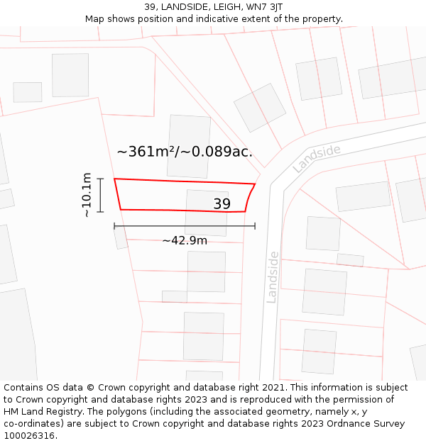 39, LANDSIDE, LEIGH, WN7 3JT: Plot and title map