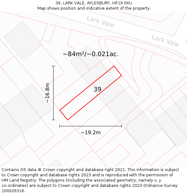 39, LARK VALE, AYLESBURY, HP19 0XU: Plot and title map