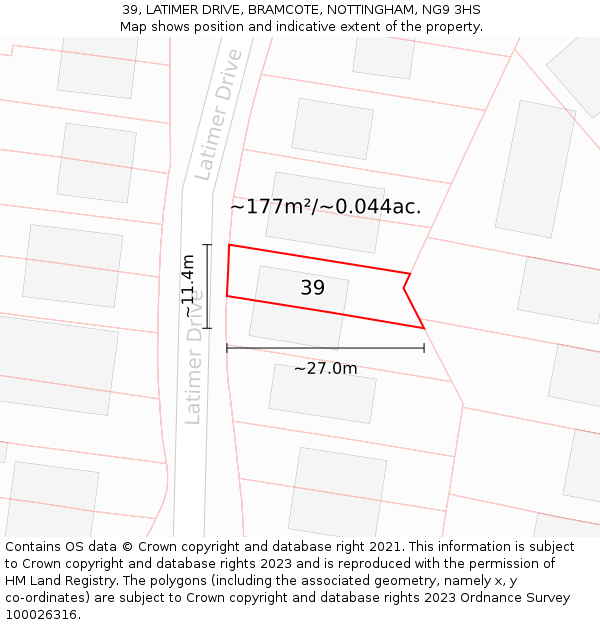 39, LATIMER DRIVE, BRAMCOTE, NOTTINGHAM, NG9 3HS: Plot and title map