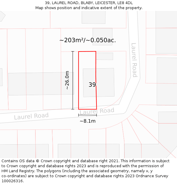 39, LAUREL ROAD, BLABY, LEICESTER, LE8 4DL: Plot and title map