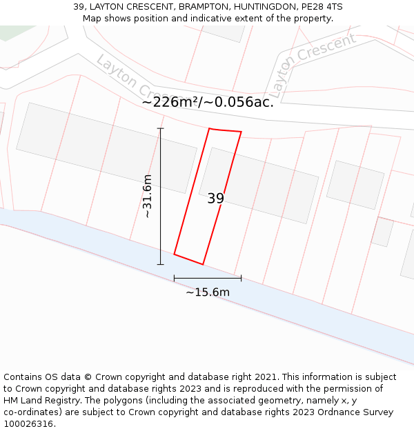 39, LAYTON CRESCENT, BRAMPTON, HUNTINGDON, PE28 4TS: Plot and title map