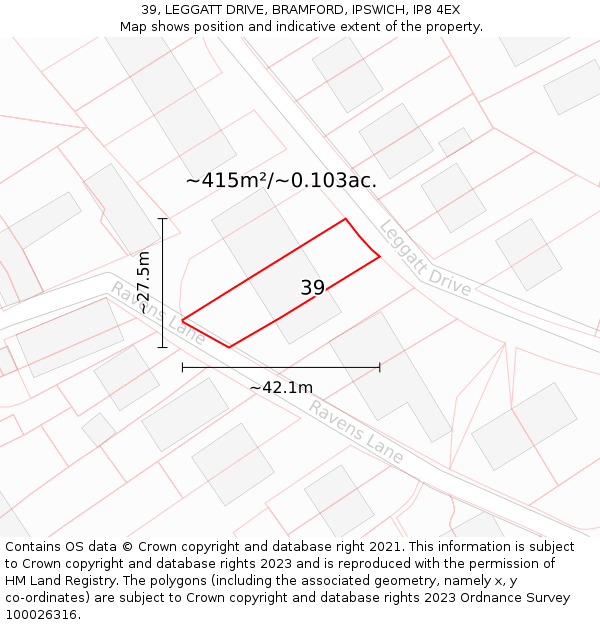 39, LEGGATT DRIVE, BRAMFORD, IPSWICH, IP8 4EX: Plot and title map