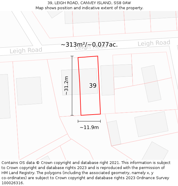 39, LEIGH ROAD, CANVEY ISLAND, SS8 0AW: Plot and title map