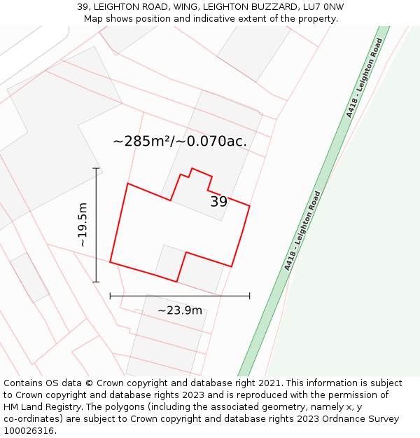 39, LEIGHTON ROAD, WING, LEIGHTON BUZZARD, LU7 0NW: Plot and title map