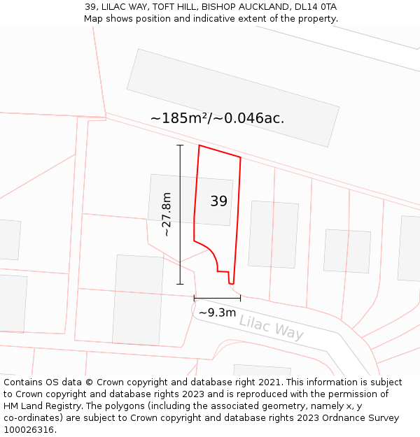 39, LILAC WAY, TOFT HILL, BISHOP AUCKLAND, DL14 0TA: Plot and title map