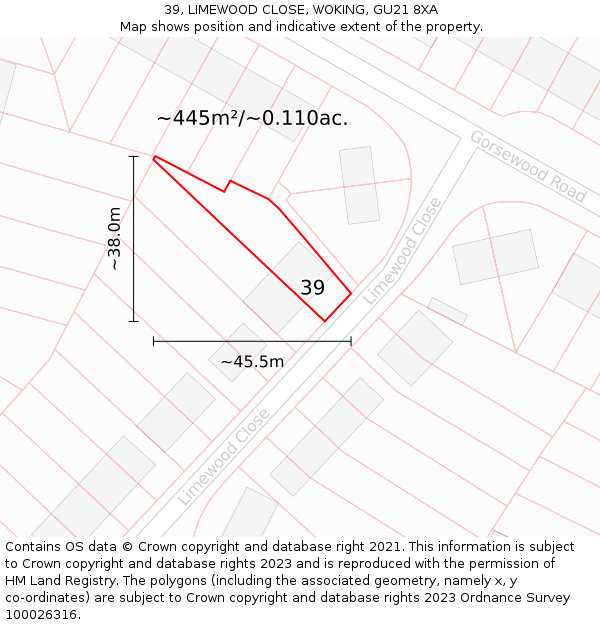 39, LIMEWOOD CLOSE, WOKING, GU21 8XA: Plot and title map