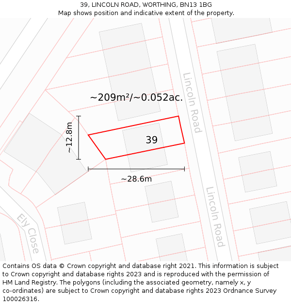 39, LINCOLN ROAD, WORTHING, BN13 1BG: Plot and title map