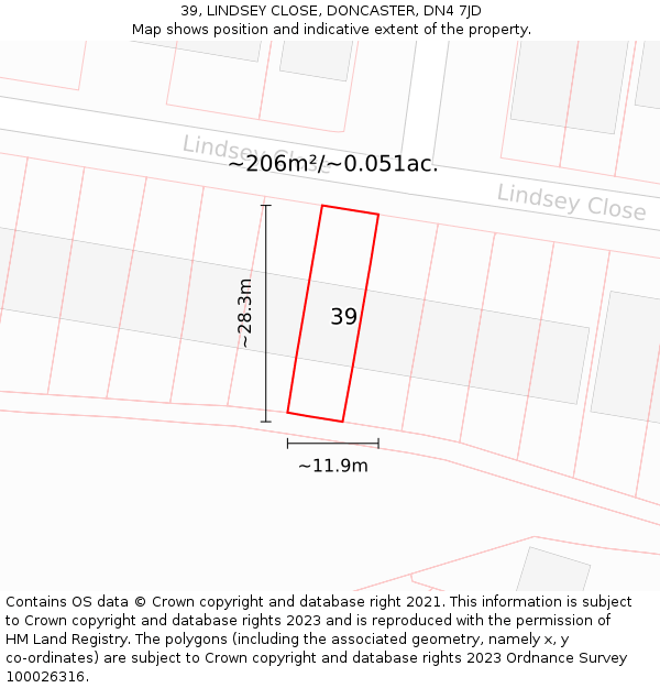 39, LINDSEY CLOSE, DONCASTER, DN4 7JD: Plot and title map