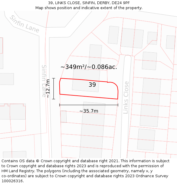 39, LINKS CLOSE, SINFIN, DERBY, DE24 9PF: Plot and title map
