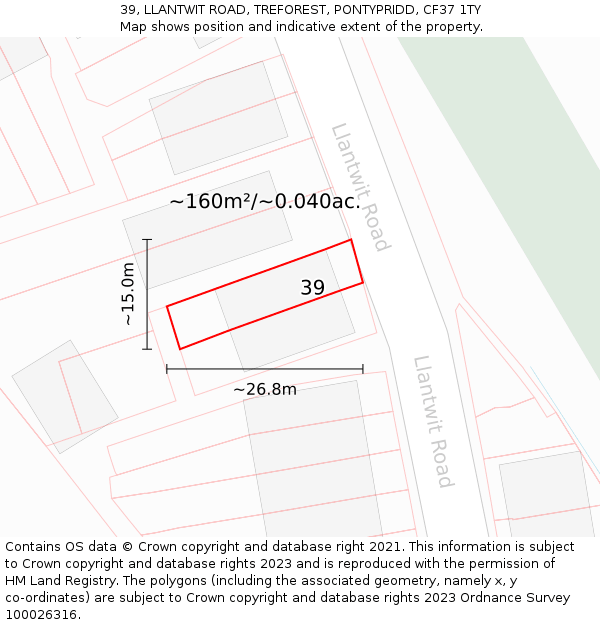 39, LLANTWIT ROAD, TREFOREST, PONTYPRIDD, CF37 1TY: Plot and title map
