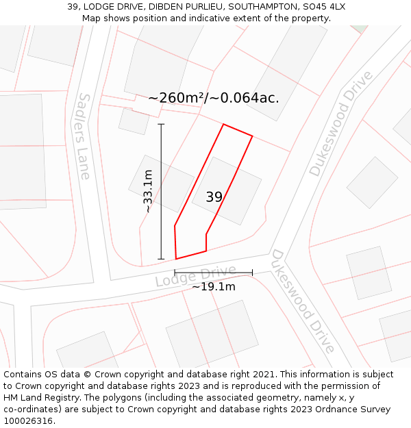 39, LODGE DRIVE, DIBDEN PURLIEU, SOUTHAMPTON, SO45 4LX: Plot and title map