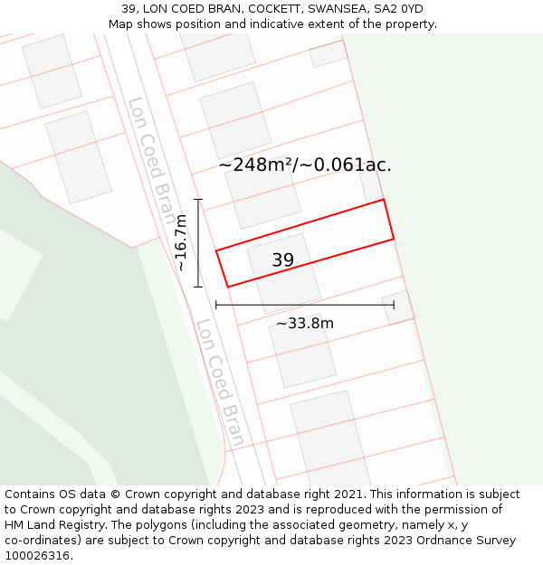39, LON COED BRAN, COCKETT, SWANSEA, SA2 0YD: Plot and title map