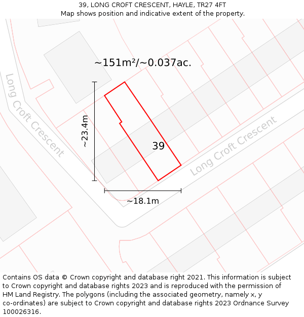 39, LONG CROFT CRESCENT, HAYLE, TR27 4FT: Plot and title map