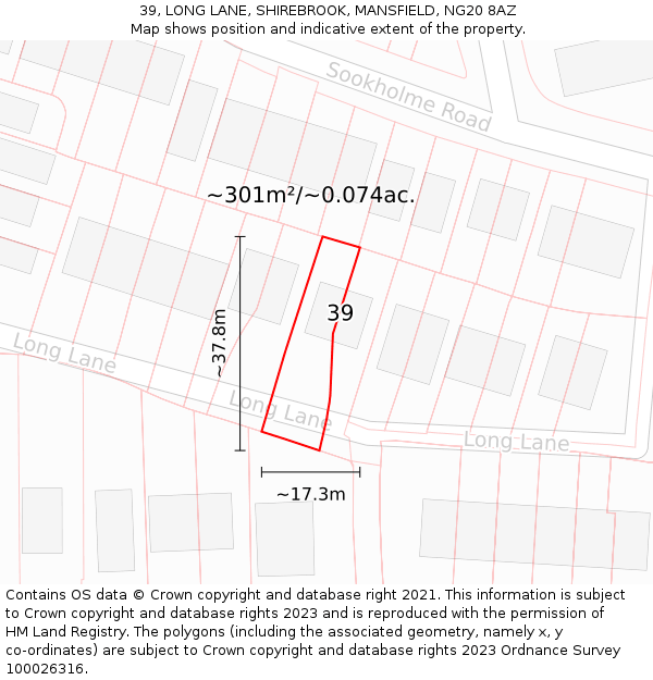 39, LONG LANE, SHIREBROOK, MANSFIELD, NG20 8AZ: Plot and title map
