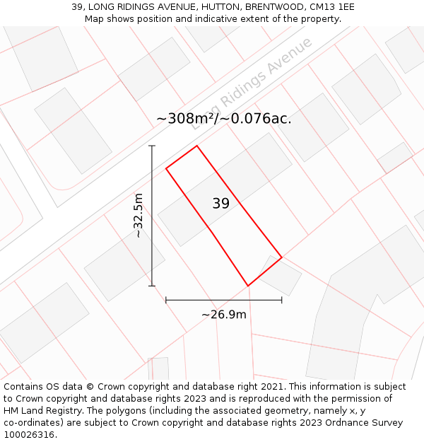 39, LONG RIDINGS AVENUE, HUTTON, BRENTWOOD, CM13 1EE: Plot and title map