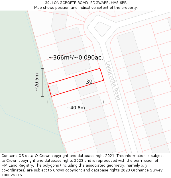 39, LONGCROFTE ROAD, EDGWARE, HA8 6RR: Plot and title map