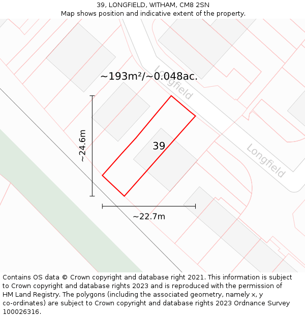 39, LONGFIELD, WITHAM, CM8 2SN: Plot and title map