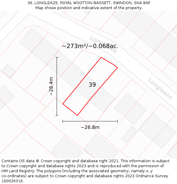 39, LONGLEAZE, ROYAL WOOTTON BASSETT, SWINDON, SN4 8AP: Plot and title map