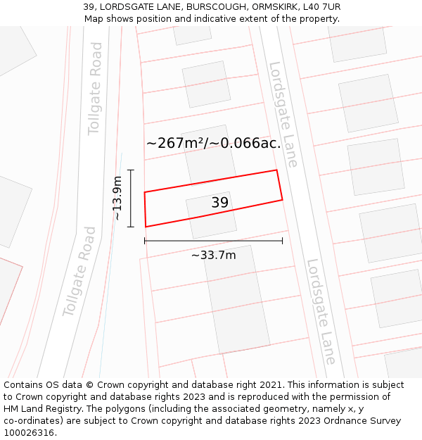 39, LORDSGATE LANE, BURSCOUGH, ORMSKIRK, L40 7UR: Plot and title map