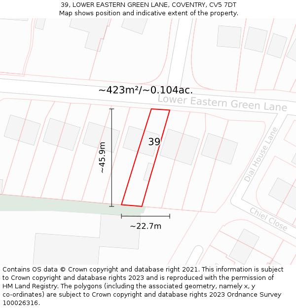 39, LOWER EASTERN GREEN LANE, COVENTRY, CV5 7DT: Plot and title map