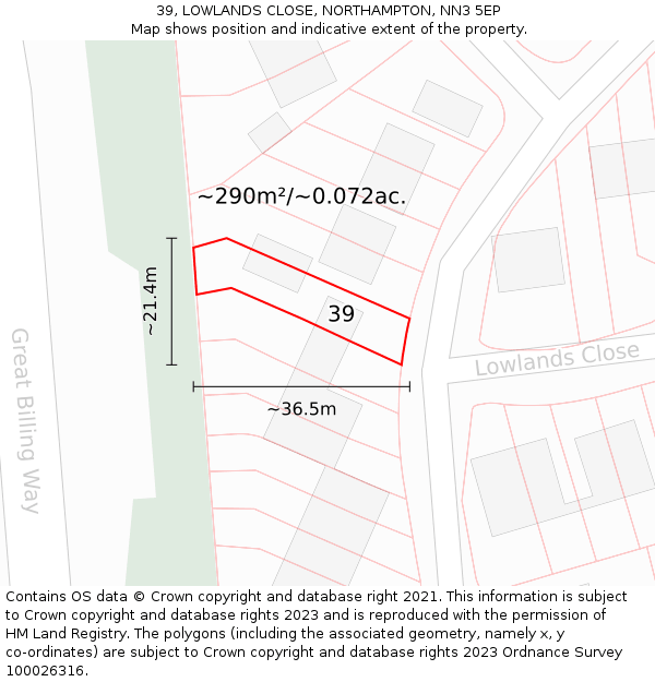 39, LOWLANDS CLOSE, NORTHAMPTON, NN3 5EP: Plot and title map