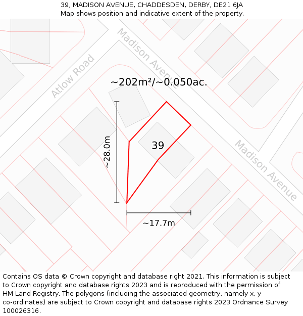 39, MADISON AVENUE, CHADDESDEN, DERBY, DE21 6JA: Plot and title map