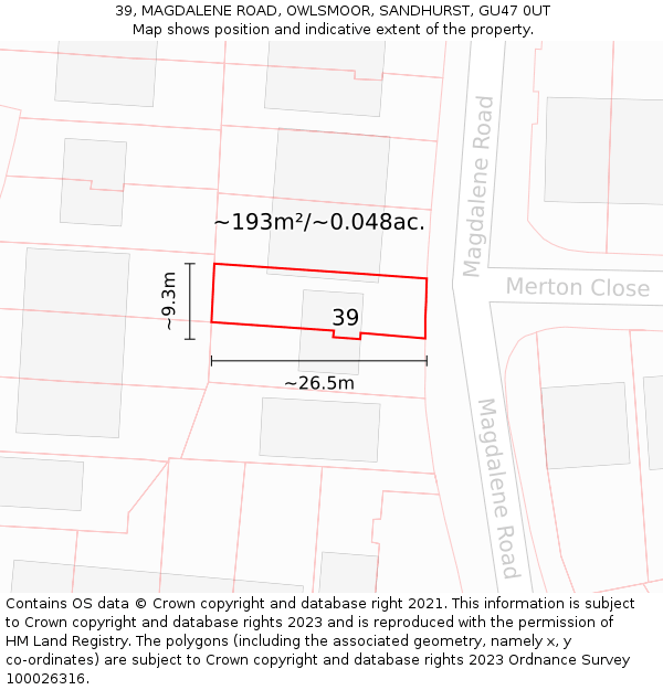 39, MAGDALENE ROAD, OWLSMOOR, SANDHURST, GU47 0UT: Plot and title map